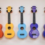 colourful ukuleles mounted on the wall