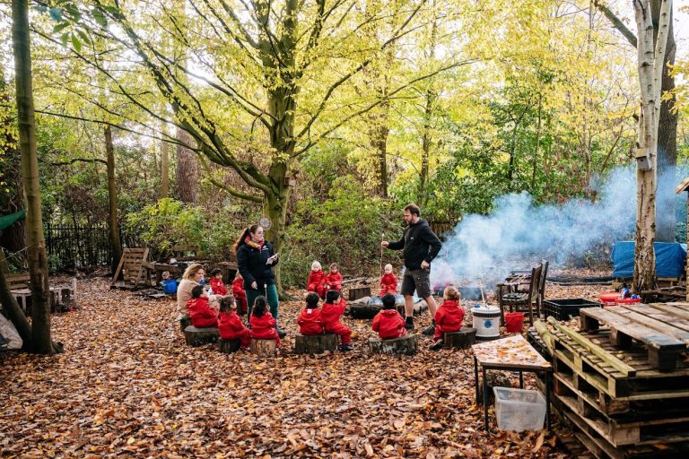 forest school underway with students and teachers