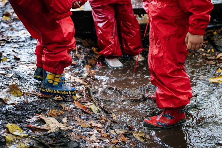 students wearing wellies, with puddles forming